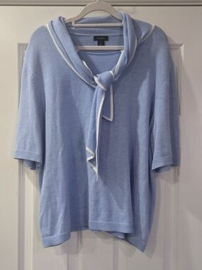 Halogen Light Blue Short Sleeve Knit Sweater with Attached Scarf